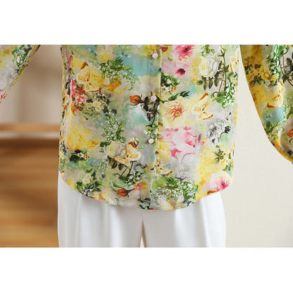 Chiffon Floral Print Slimming Anti-Aging Print Belly-Covering Shirt