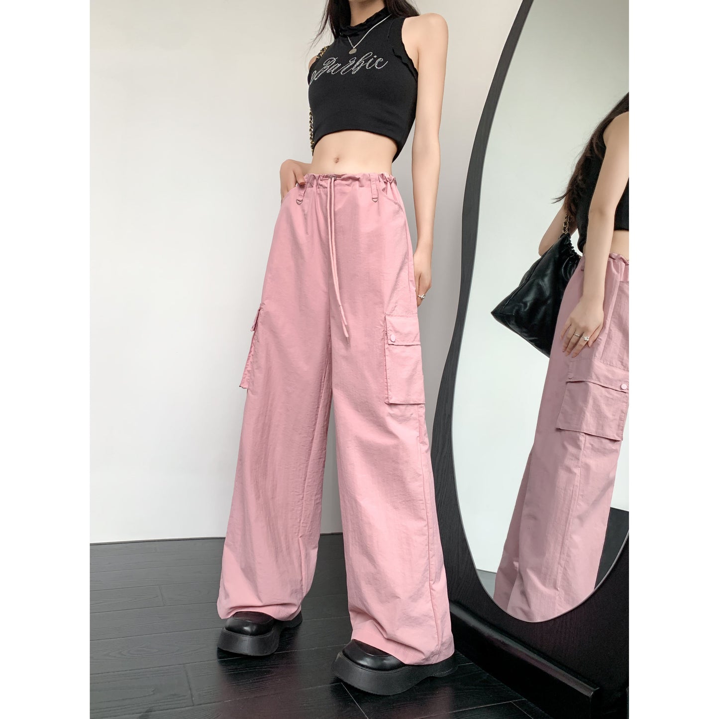 Loose Fit Casual Street Style Sports Drawstring Waist Drawstring Wide-Leg Pants