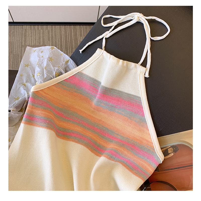 Stripe Rainbow Halter Neck Cropped Slim-Fit Knitted Worn Outside Tank Top