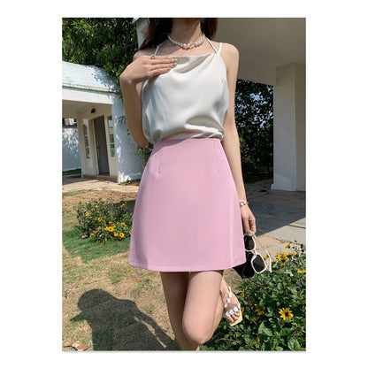 Falda rosa dulce y picante de estilo francés de talle alto