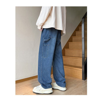 Pantalones vaqueros rectos de longitud hasta el suelo con cordón y ajuste holgado para el trabajo.