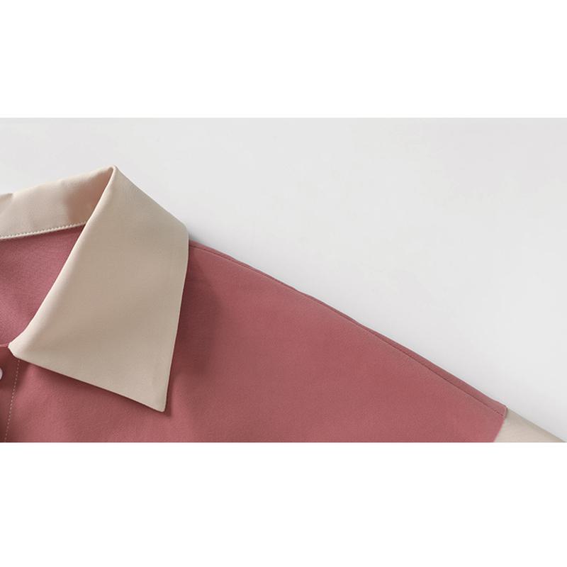 カラーピンクのスリミングタイアップルーズフィットシックなパッチワーク半袖ドレス