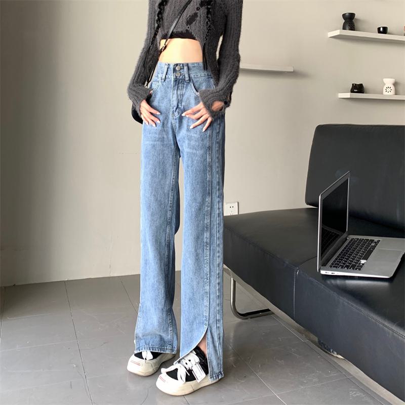 Slimming Floor-Length Plus Light-Colored High-Waisted Wide-Leg Split Jeans