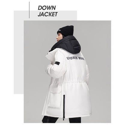 Loose Fit White Duck Down Thickened Thigh-Length Hooded Down Coat