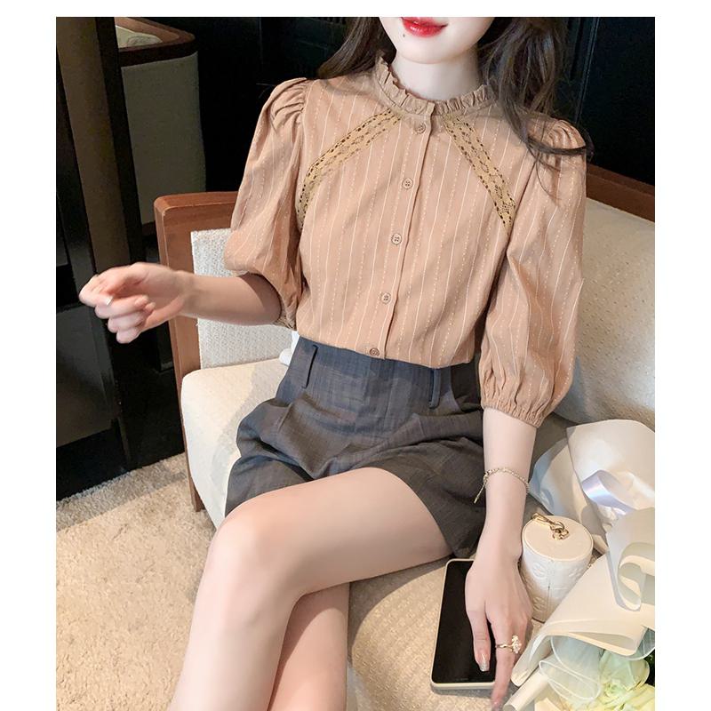 Bubble Sleeve Lace Stand-Up Collar Patchwork Stripe Blouse