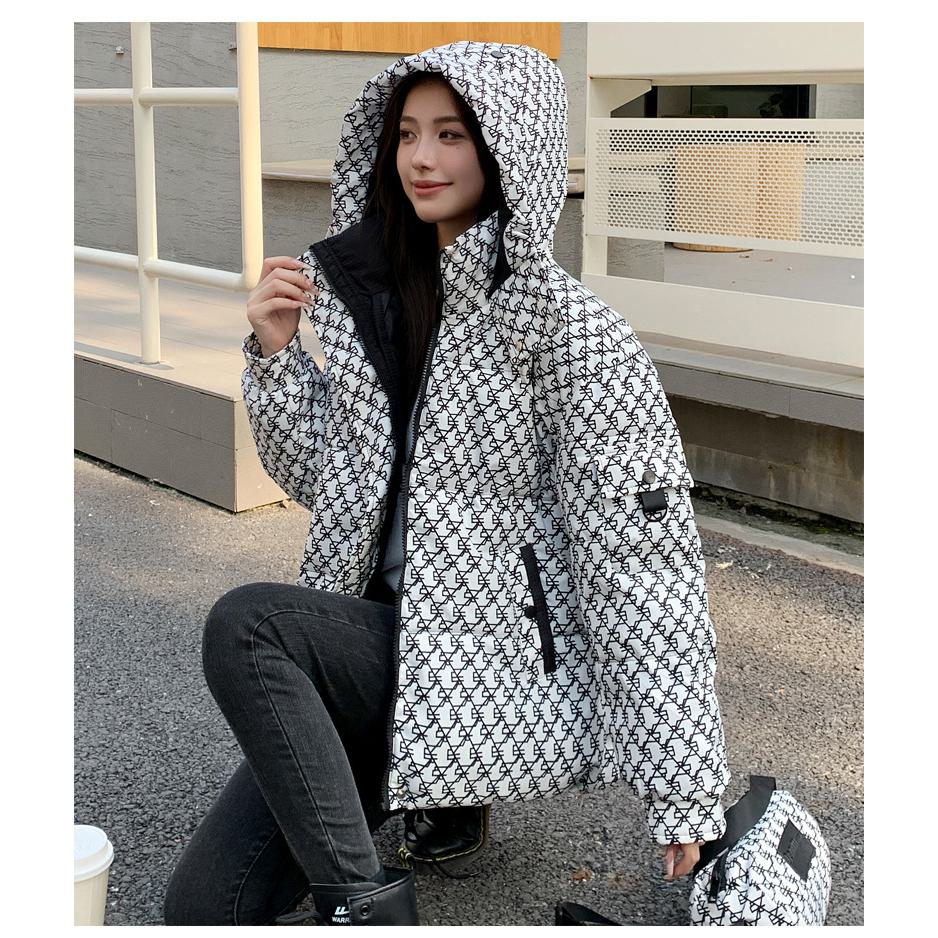 Cropped Thickened Houndstooth Puffer Jacket