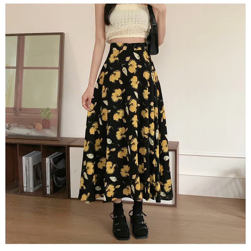 High-Waisted Versatile Chiffon Slimming Floral Mesh Skirt