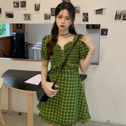 Niche Green Slimming Cinched Waist Plaid French Style Dress