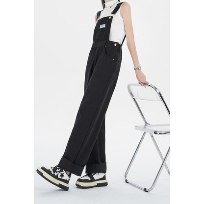 Loose Fit Straight Leg Black Color High-Waisted Denim Overalls