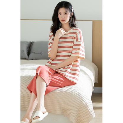 Pure Cotton Solid Round Neck Pullover Stripe Simplicity Lounge Set