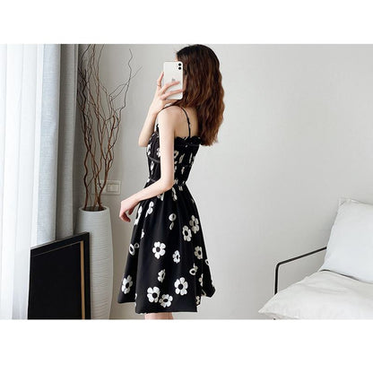 Flower Bud Niche Lining Slimming High-Waisted Floral Print Fluffy Dress