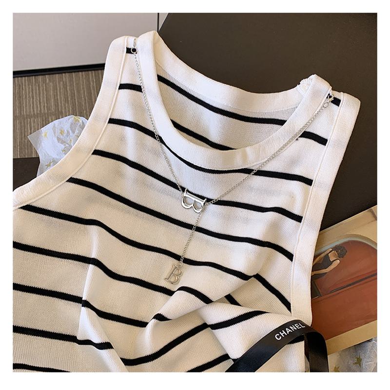 Stripe Back Worn Outside Cropped Sleeveless Knitted Slim-Fit Chain Pure Tank Top