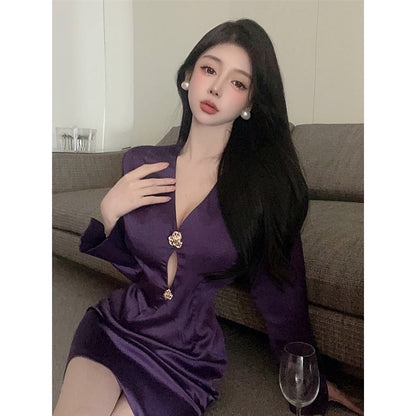 Slim-Fit Hip-Hugging Hollowed-Out Purple Invisible Niche Satin Finish Dress