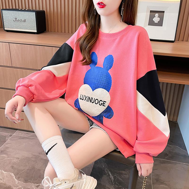 Fiber Thin Twill Color Blocking Patchwork Plant Velvet Round Neck Sweatshirt