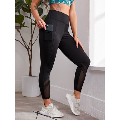 Leggings deportivos de malla con parche lateral de botón y bolsillo de fitness de yoga de talle alto.