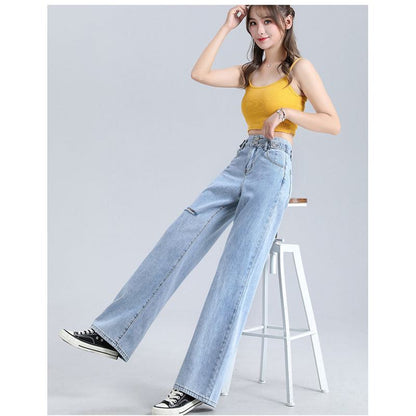 Slimming Floor-Length Draping Loose Fit Light-Colored Straight High-Waisted Jeans