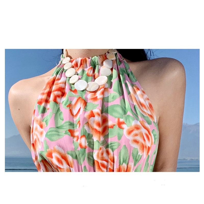 Backless Elastic Floral Print Tie-Up Halter Multi-Layer Dress