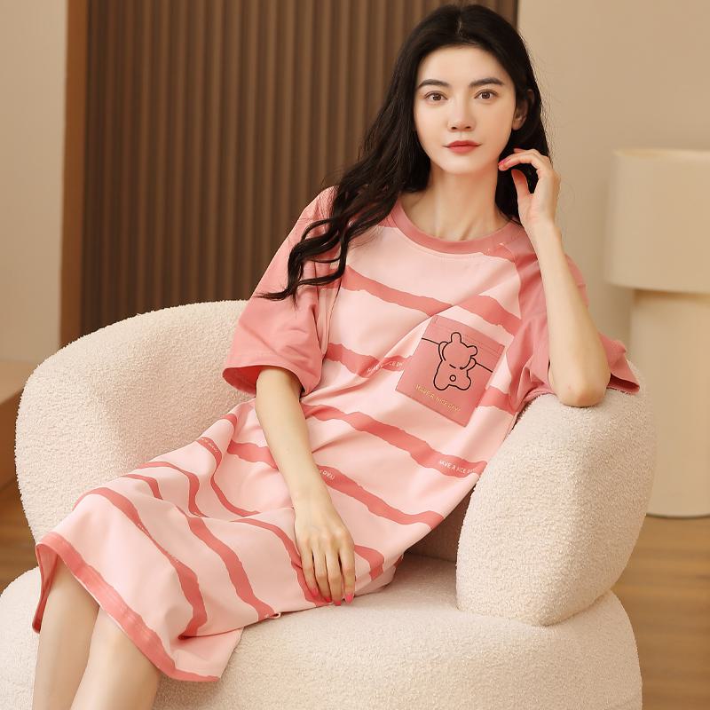 Tightly Woven Pure Cotton Bear Pattern Stripe Pink Midi Lounge Dress