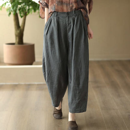 Pantalones de lino casuales retro de cintura alta con diseño artístico