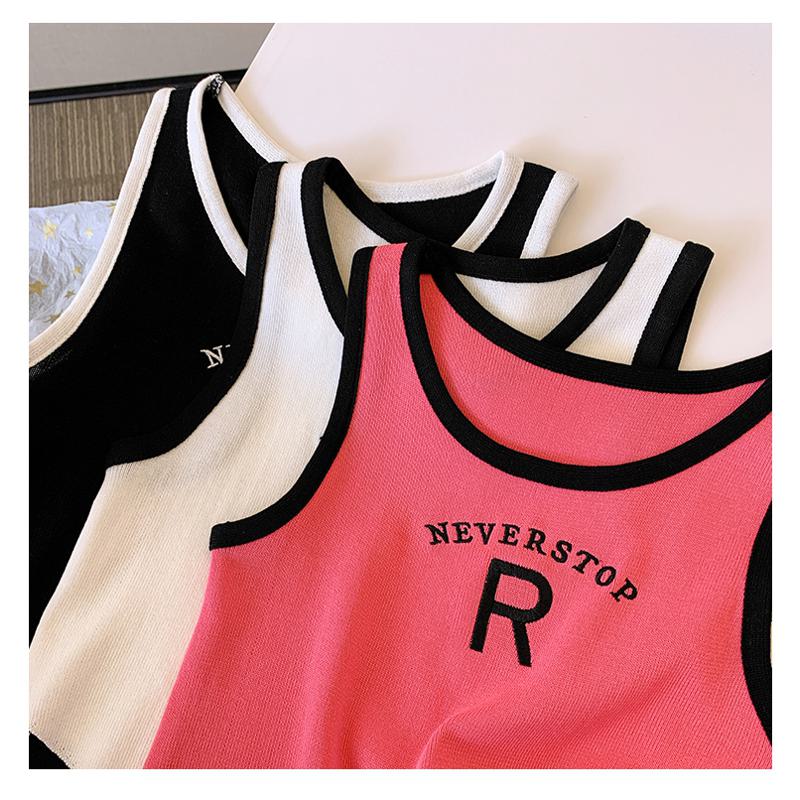 Knitted Cropped Letter Sleeveless French Style Silky Tank Top