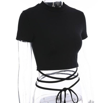 Tie High-Waisted Tight-Fitting Crossed Solid Color Navel-Baring Cropped Short Sleeve Tee