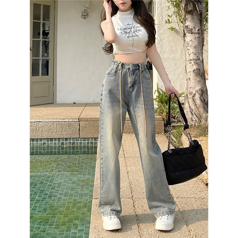 Slimming Floor-Length Draping Lengthened Niche High-Waisted Straight-Leg Jeans