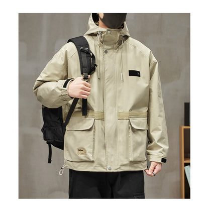 Workwear Style Patch Pocket Patchwork Windproof Raincoat Hooded Jacket