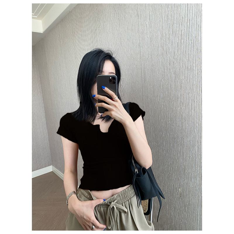 Women's T-Shirt Slim-Fit Cropped Tight-Fitting Short Sleeve Tee