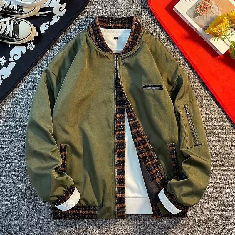 Stain-Resistant Water-Resistant Plaid Patchwork Bomber Jacket