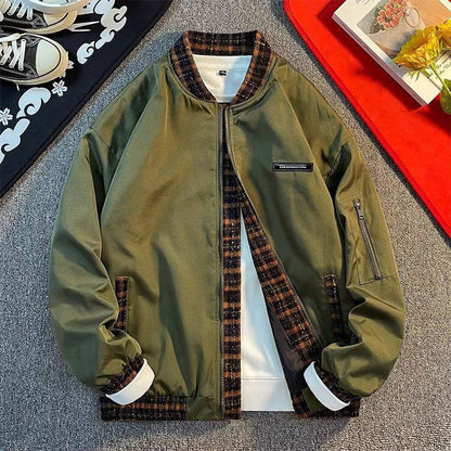 Stain-Resistant Water-Resistant Plaid Patchwork Bomber Jacket