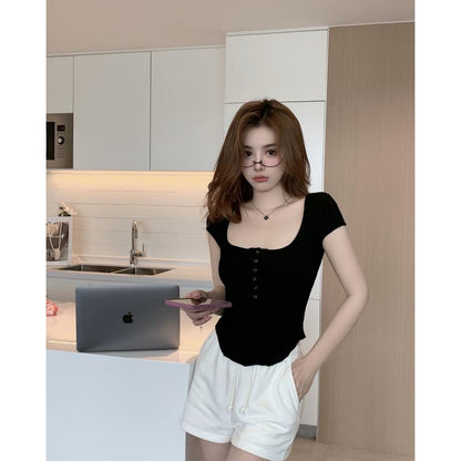 Silky V-Neck Slim-Fit Niche Cropped Short Sleeve Tee