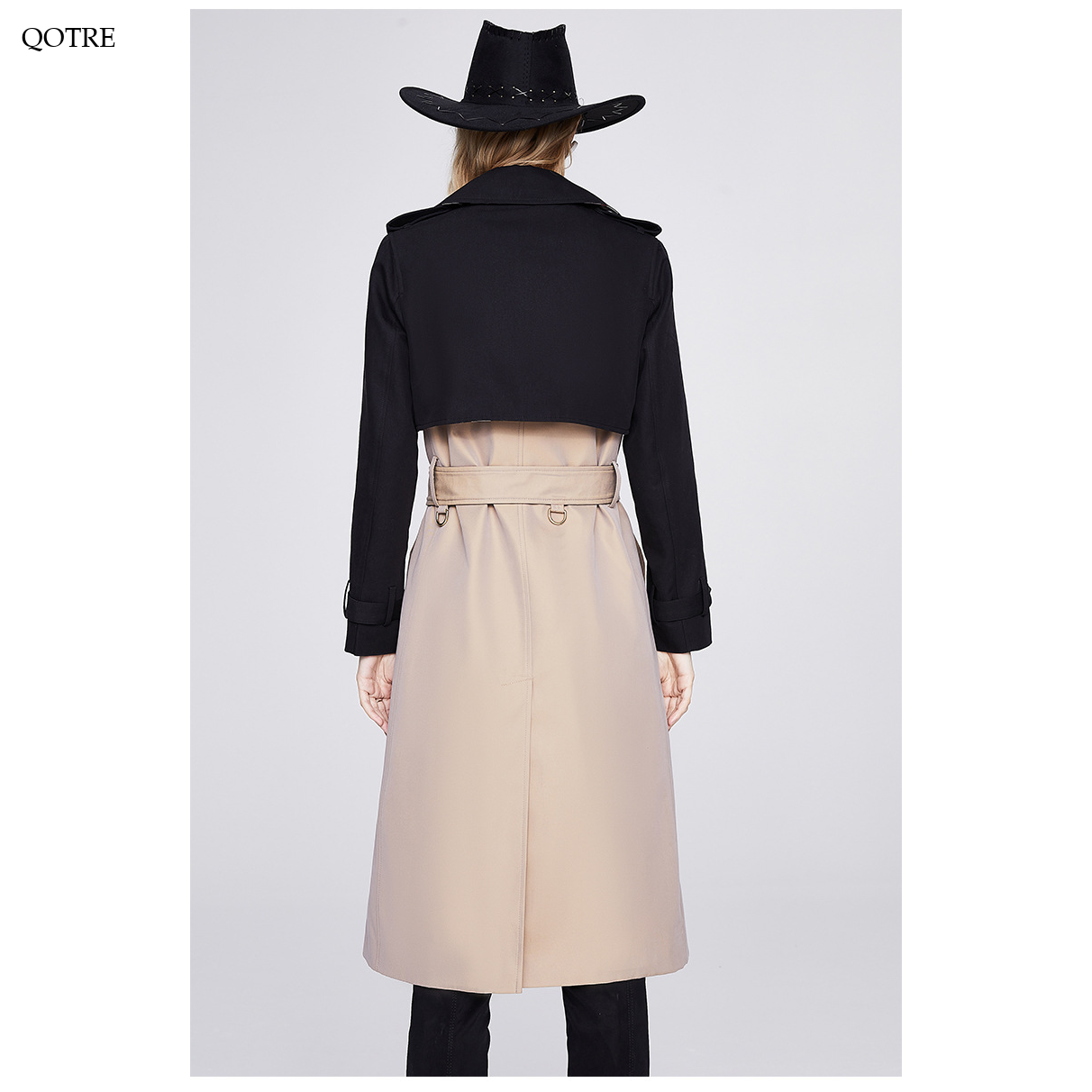 Belted Double Breasted Color Block Trench Coat