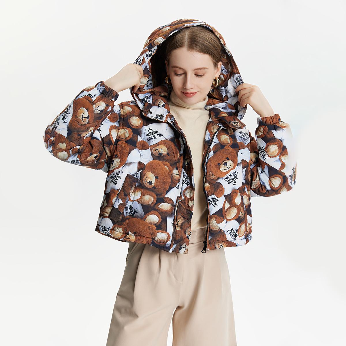 Hooded Cropped Teddy-Print Thickened Down Jacket