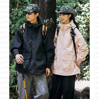 Veste à capuche style workwear pour le camping, coupe-vent et tendance, imperméable.