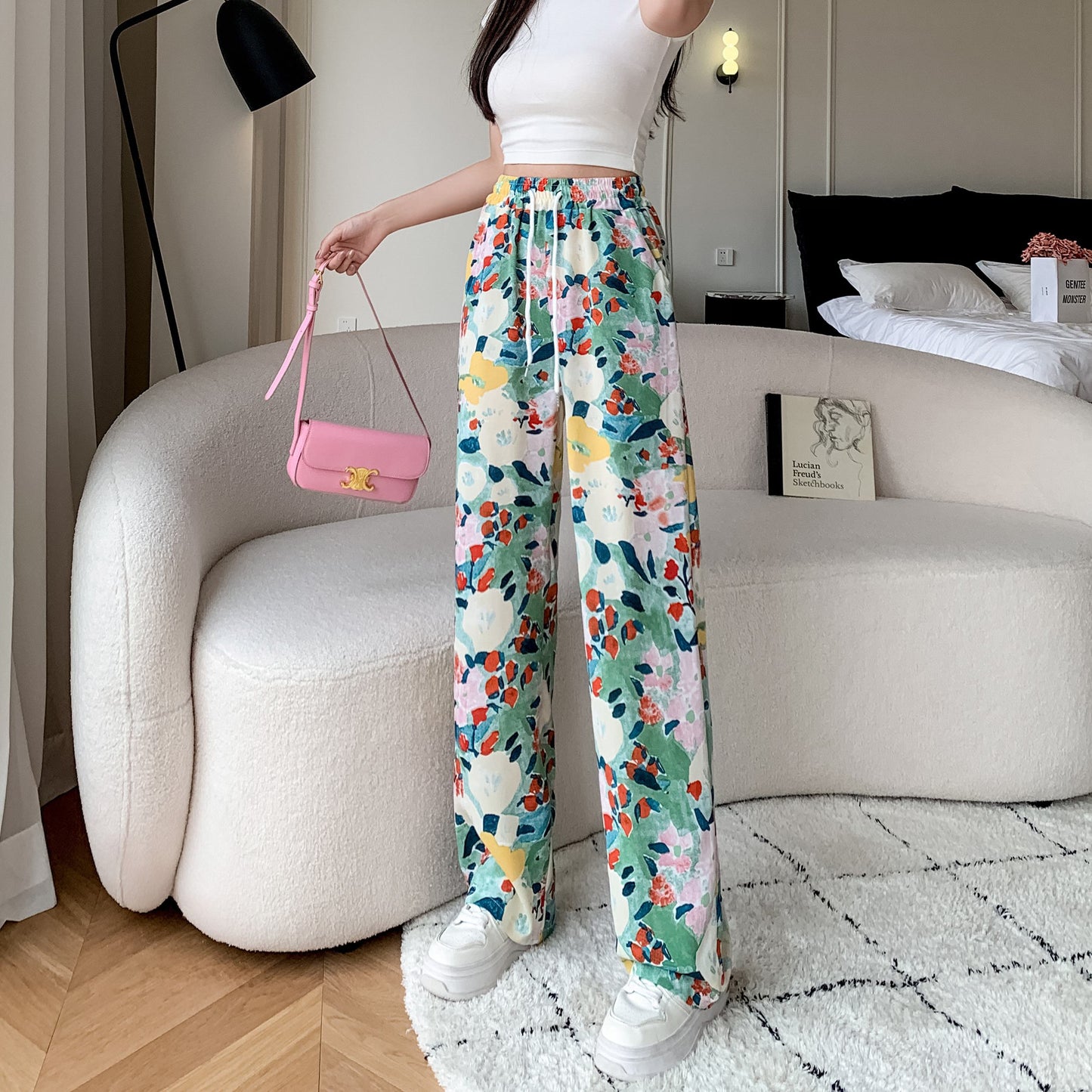 Silky Loose-Fit Draping High-Waisted Chiffon Slimming Drawstring Print Versatile Pants