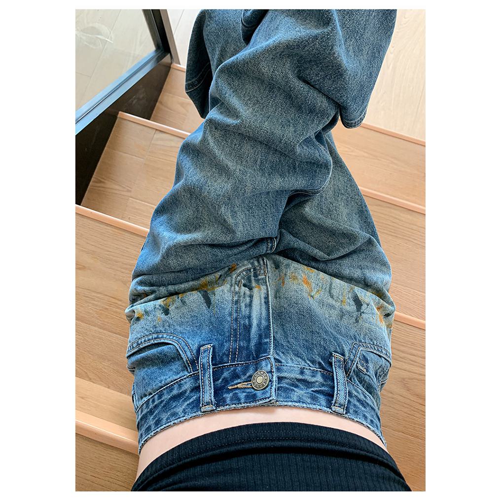 جينز بنقشة مطبوعة باليد وساق مستقيمة