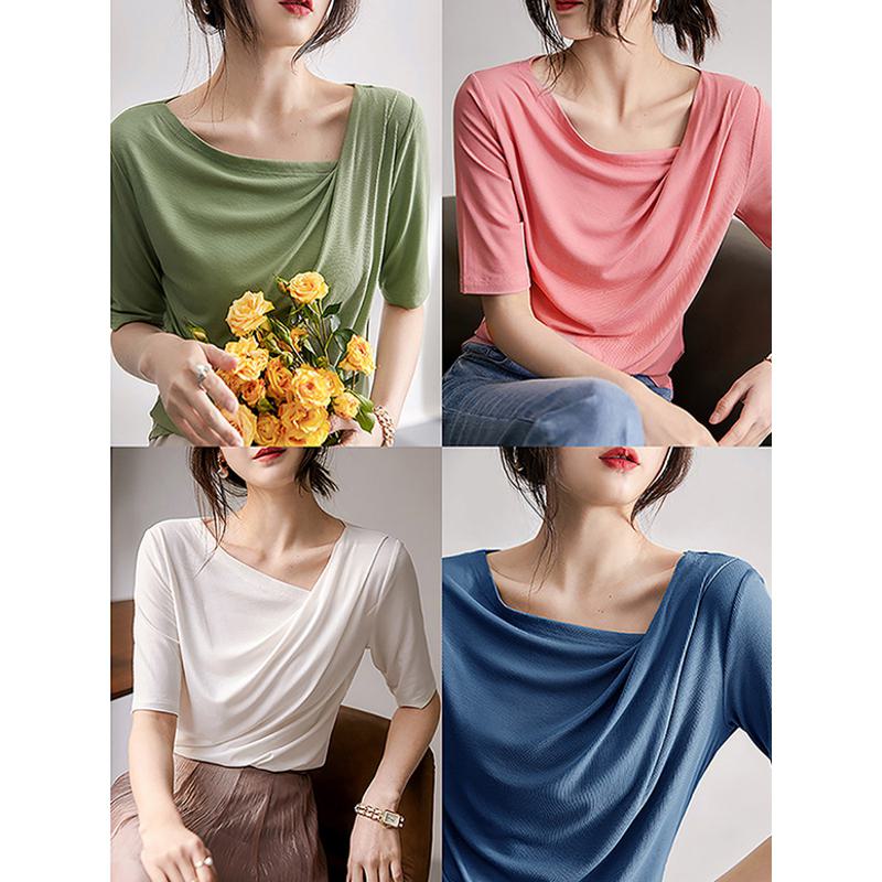 Versatile Chic Simplicity Solid Pleated Short Sleeve Tee