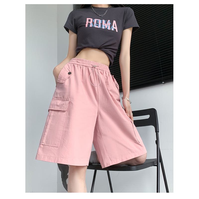 Solid Drawstring Waist Flap Pocket Loose-Fit High-Waisted Wide-Leg Workwear Shorts