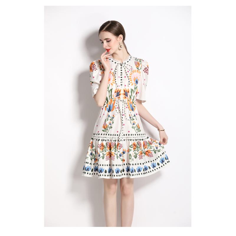 Fiber Water-Soluble Drawstring Polka Dot Colorful Print Dress
