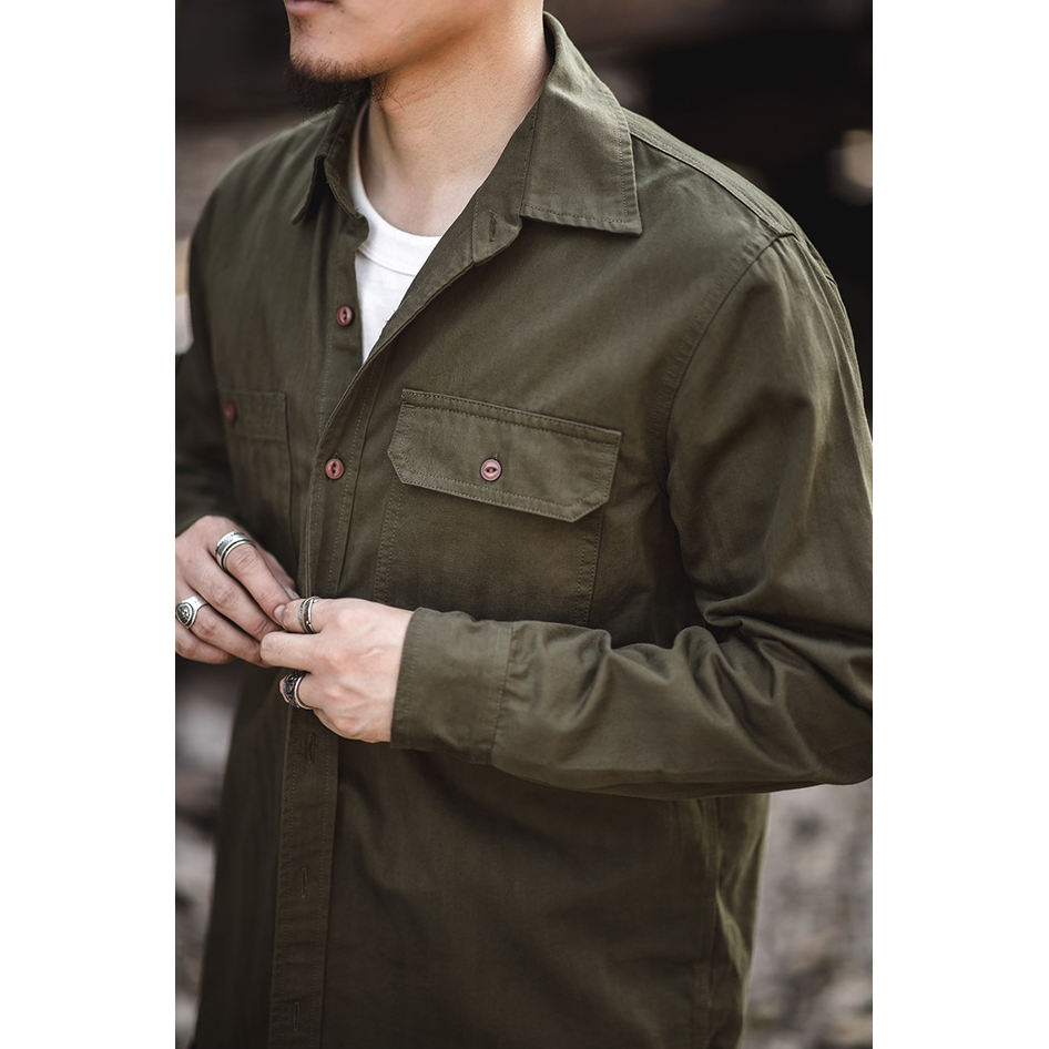 Retro Patched Pocket Workwear Style Button Loose Fit Long Sleeve Shirt