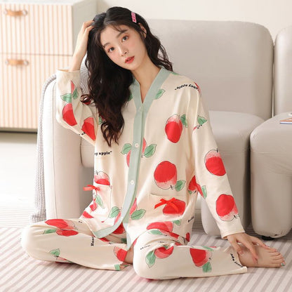 Conjunto de pijama de algodón puro tejido ajustado con botones delanteros de manzana