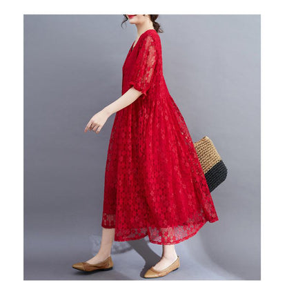 Lace Midi Simplicity Plus Artistic Slimming Round Neck Pullover Dress