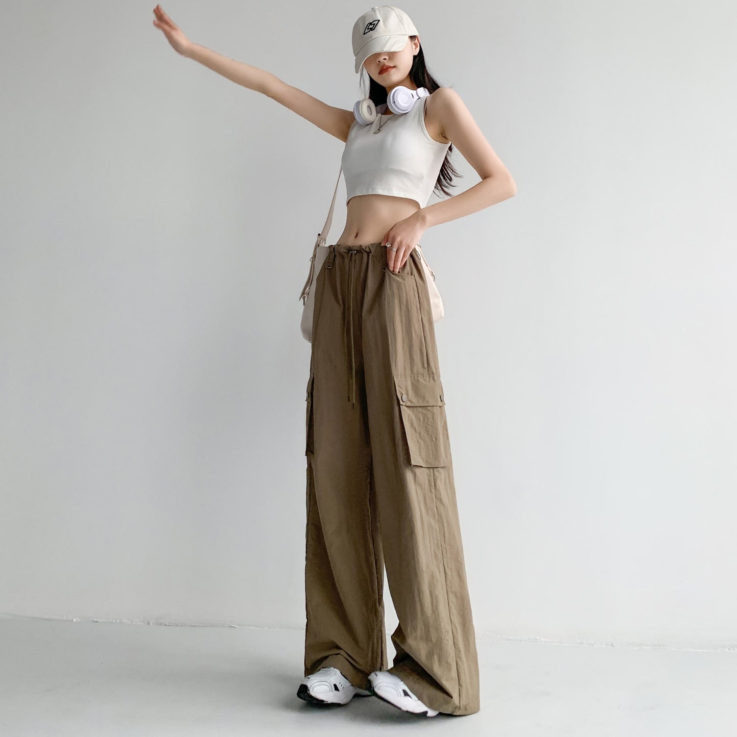 Loose Fit Casual Street Style Sports Drawstring Waist Drawstring Wide-Leg Pants