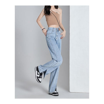 Loose Fit Thin Split Hem Straight Leg High-Waisted Jeans