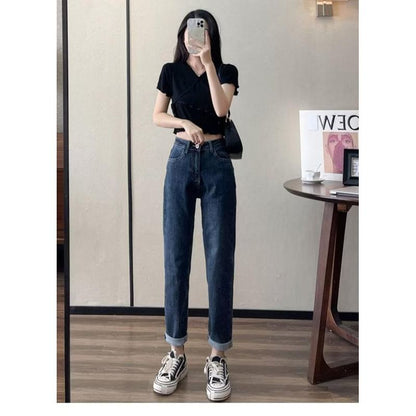 Loose Fit Petite Cropped Harem Slimming Elasticity Carrot High-Waisted Jeans