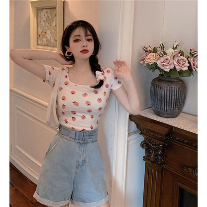 Women's T-Shirt Square Collar Cropped Short Sleeve Tee