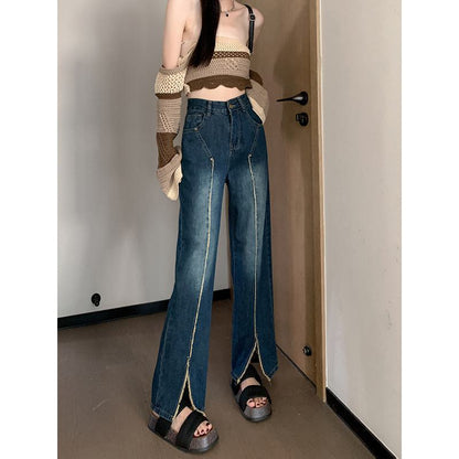 Plus Wide-Leg Frayed Edge Loose Fit Straight Pants High-Waisted Patchwork Split Jeans