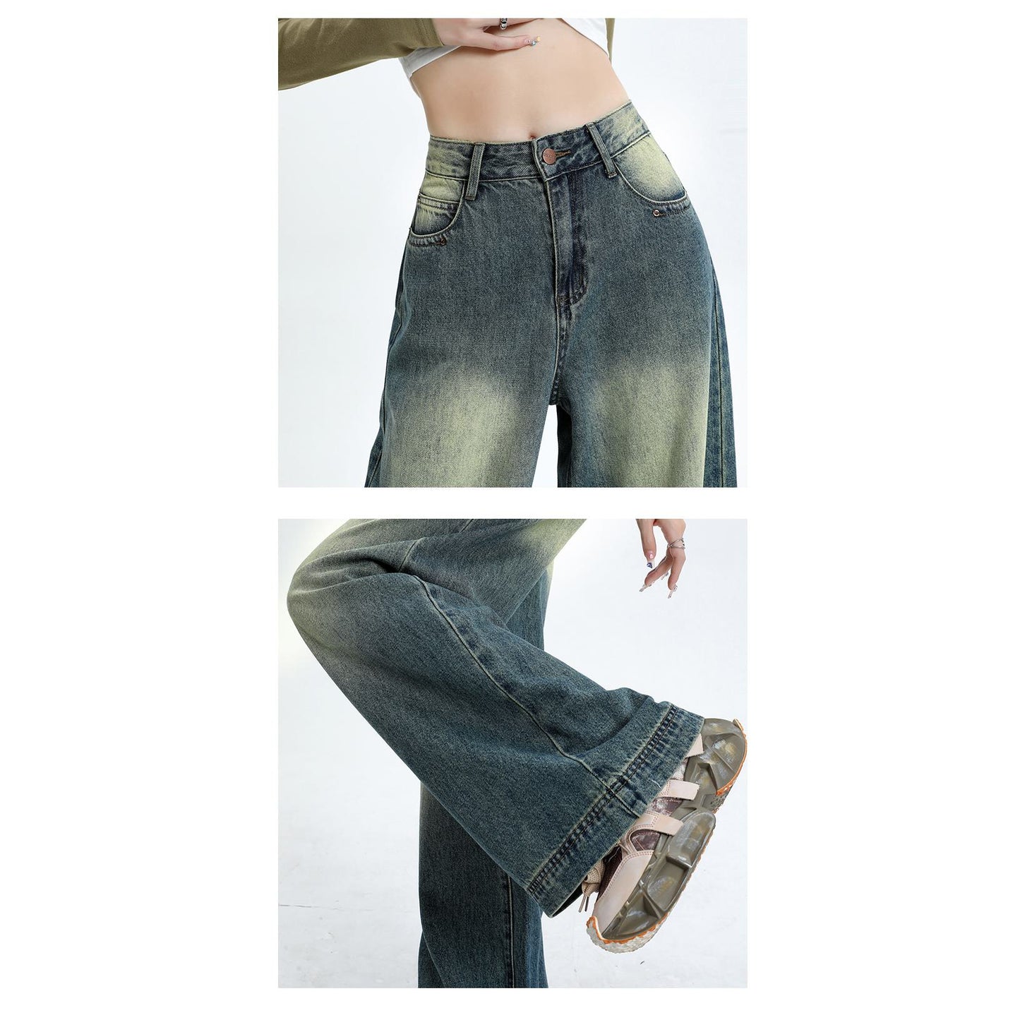 Jeans rectos lavados retro de longitud hasta el suelo