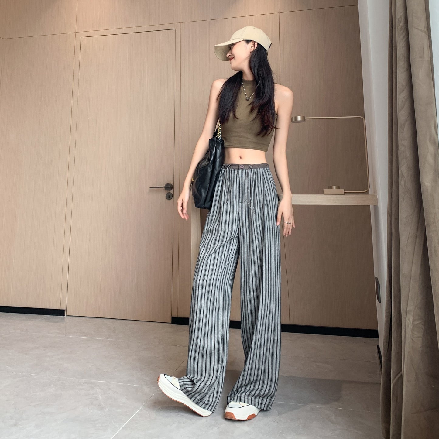 Loose Fit High-Waisted Lazy Thin Straight Stripe Drawstring Pants