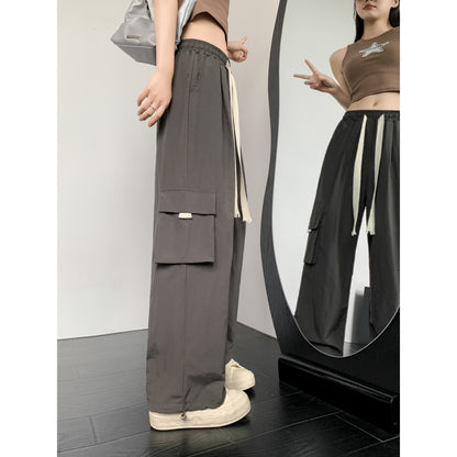 Pantalones cargo de pierna ancha con cintura alta, sueltos y casuales, de seda y secado rápido con múltiples bolsillos.